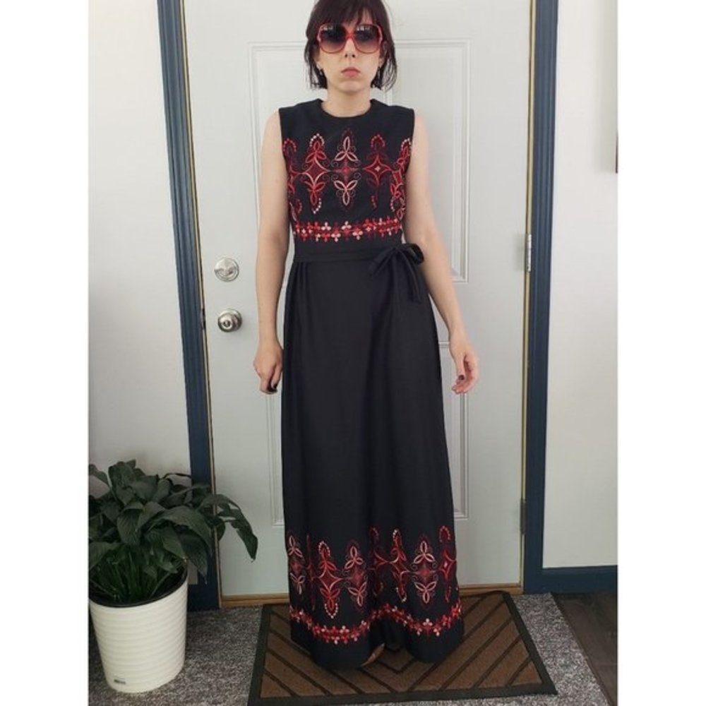 Black Maxi Dress with Red Embroidered Accents